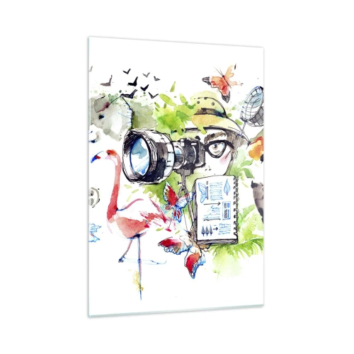Cuadro sobre vidrio - Impresiones sobre Vidrio - Ilustración de un fotógrafo con una cámara y animales. - 50x70cm - En la objetivo de un viajero - Decoración de pared moderna para salón y dormitorio ARTTOR