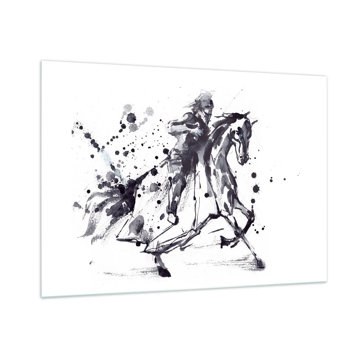 Cuadro sobre vidrio - Impresiones sobre Vidrio - Pintura en blanco y negro de un jinete a caballo en estilo abstracto. - 100x70cm - Caballero negro - Decoración de pared moderna para salón y dormitorio ARTTOR