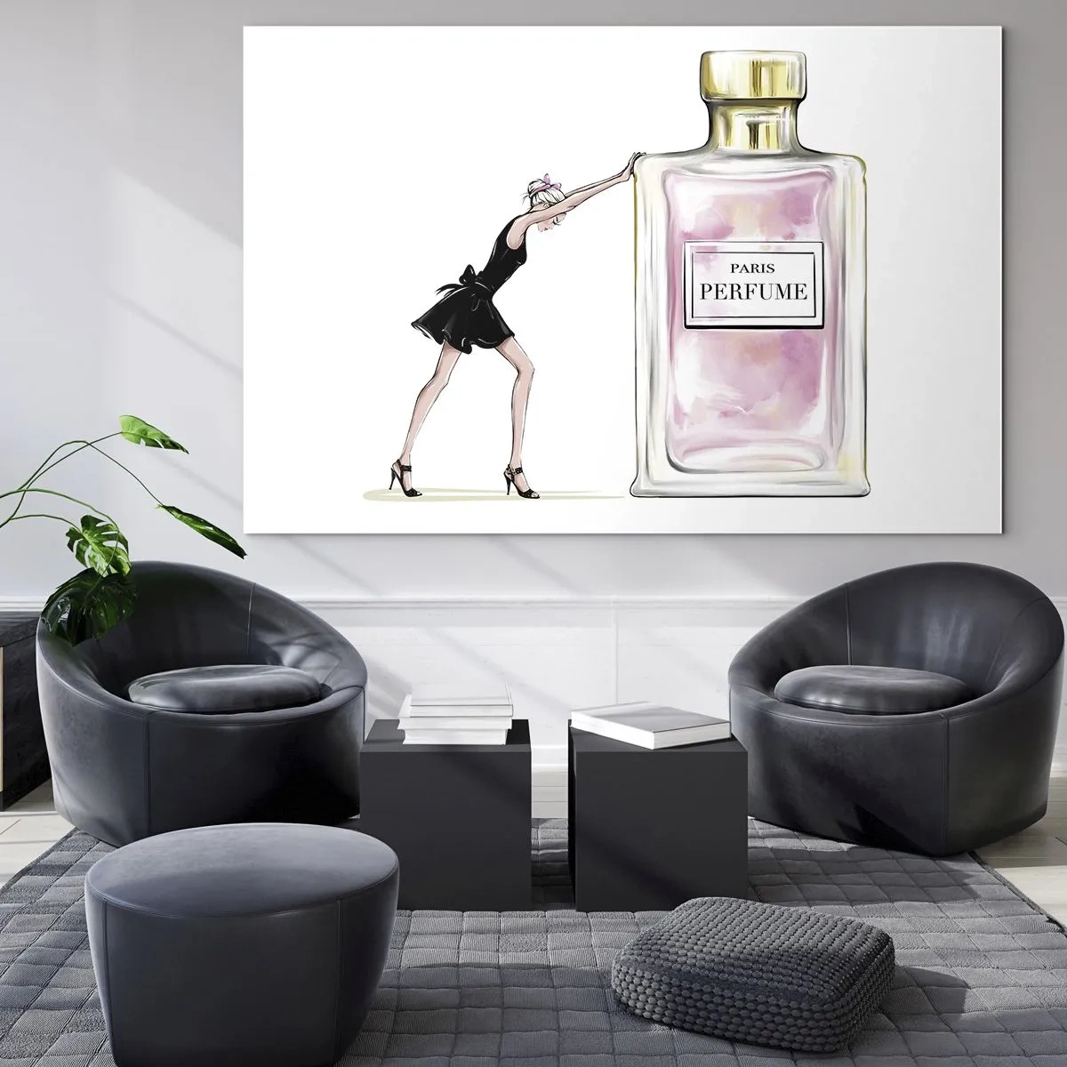 Cuadro sobre vidrio - Impresiones sobre Vidrio - Una mujer con un vestido negro junto a un gran frasco de perfume. - 70x50cm - La esencia de la feminidad - Decoración de pared moderna para salón y dormitorio ARTTOR