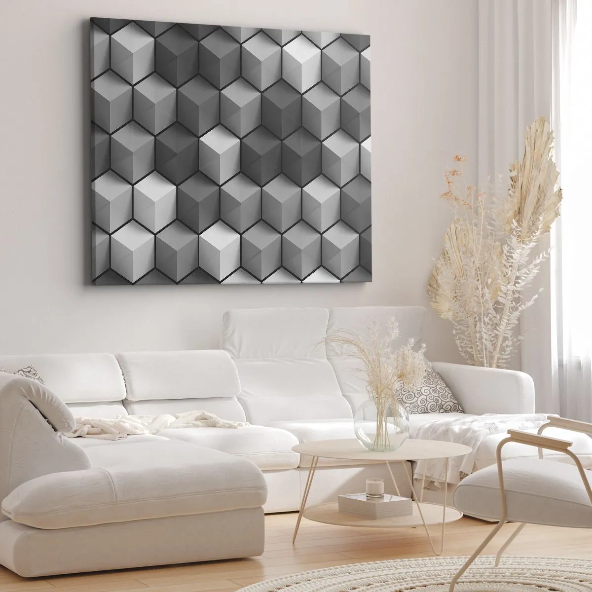 Cuadro sobre lienzo - Impresión de Imagen - Composición geométrica de cubos en tonos grises y negros. - 70x50cm - Rompecabezas cubista - Decoración de pared moderna para salón y dormitorio ARTTOR