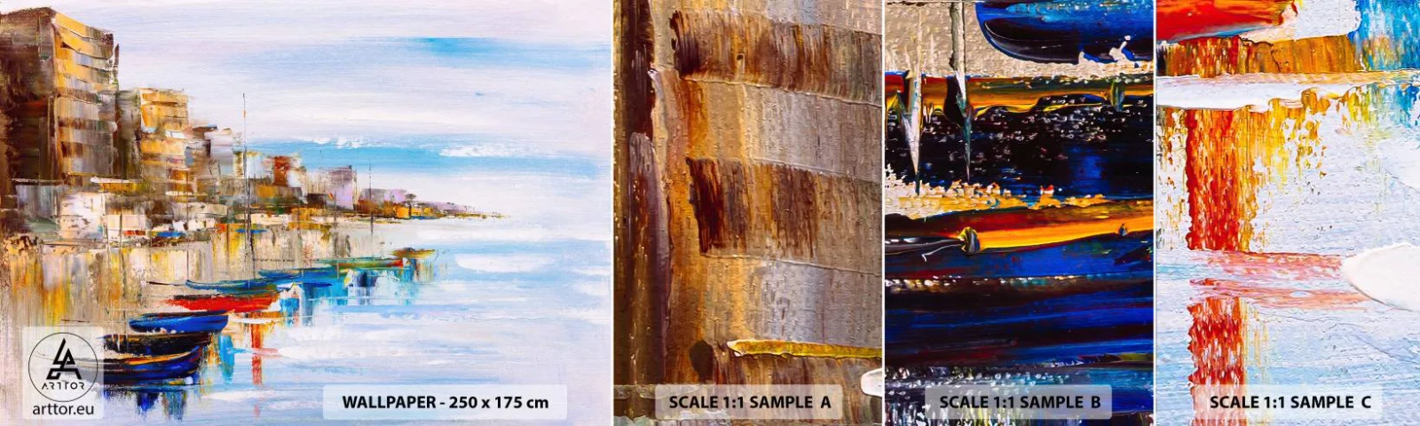 Muestra de fotomural autoadhesivo Deluxe Sticker - Puerto urbano multicolor - Paisaje, Puerto, Playa - 100x30 cm