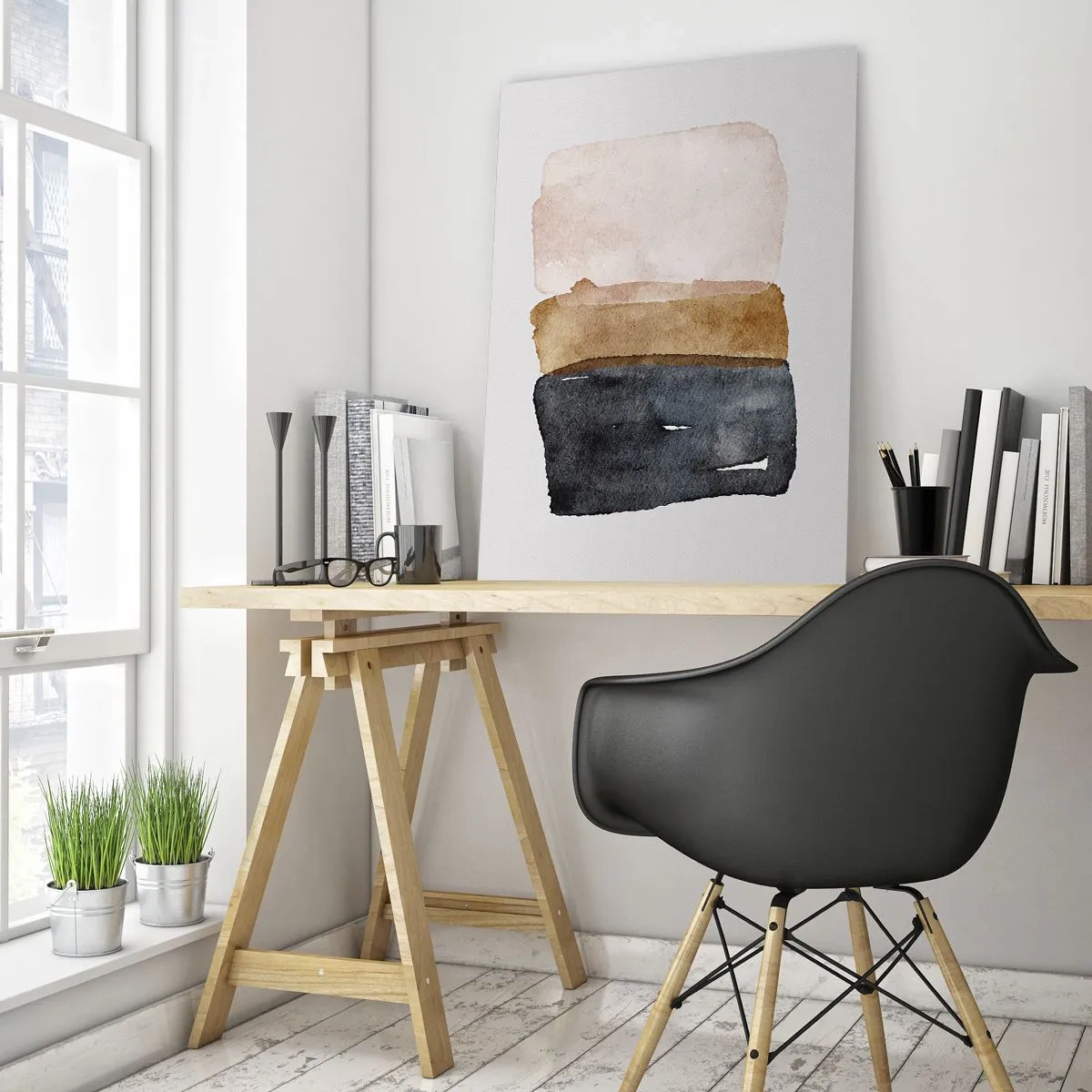 Cuadro sobre vidrio - Impresiones sobre Vidrio - Una composición minimalista de tres rectángulos en tonos tierra. - 70x100cm - Una composición de colores tierra - Decoración de pared moderna para salón y dormitorio ARTTOR