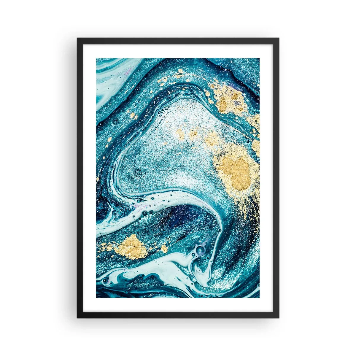 Póster en marco negro - Patrón abstracto con tonos de azul y dorado. - 50x70cm - Vórtice azul - Decoración de pared moderna para salón y dormitorio ARTTOR