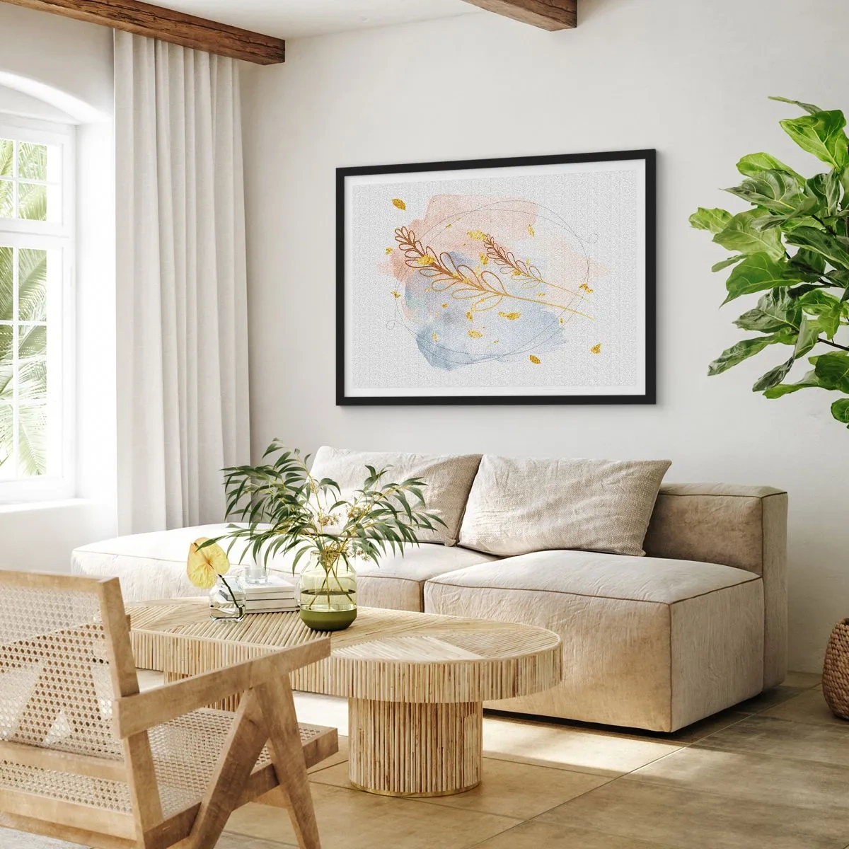 Póster en marco negro - Un delicado motivo de hojas doradas sobre un fondo pastel con detalles de acuarela. - 70x50cm - Ráfaga dorada - Decoración de pared moderna para salón y dormitorio ARTTOR