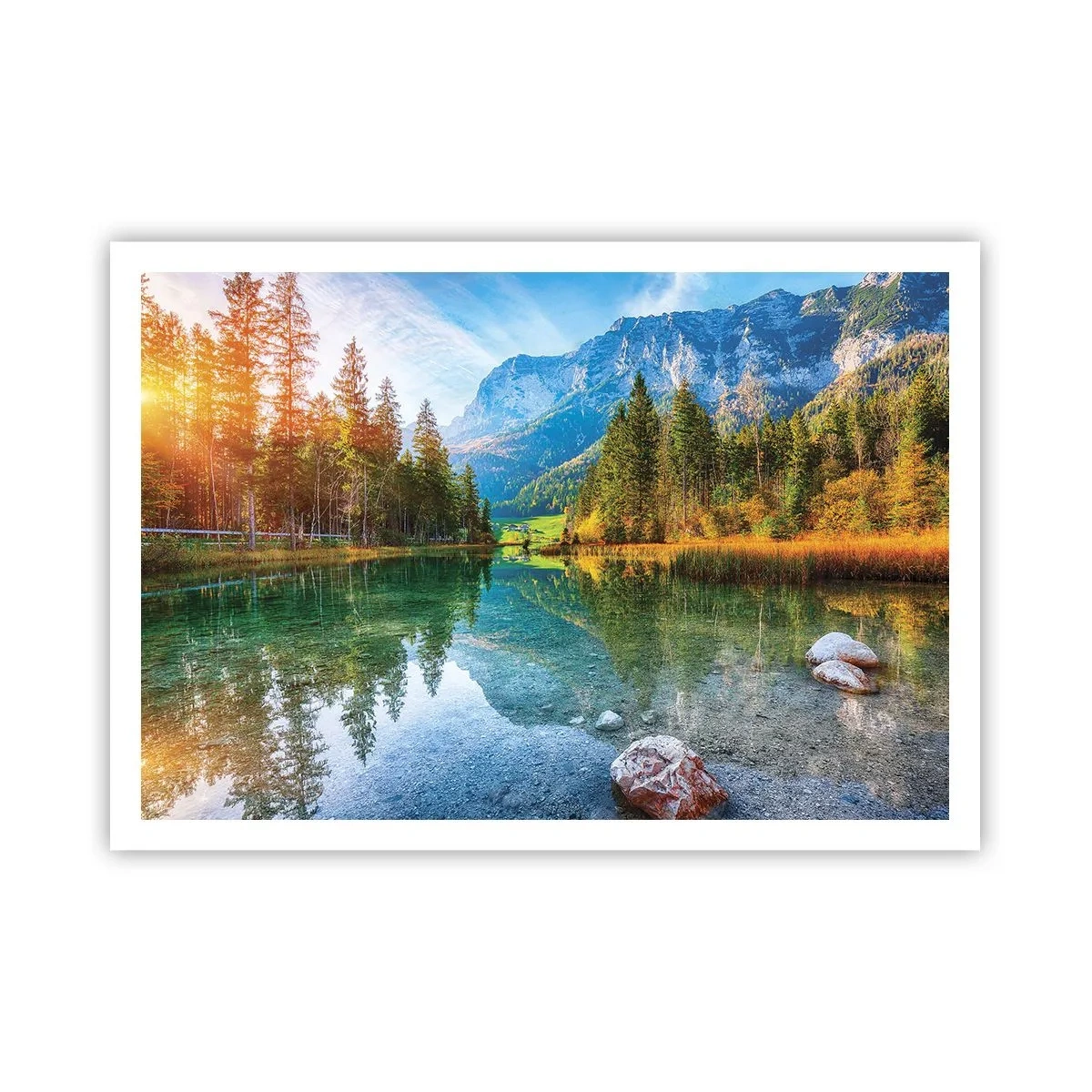 Póster - Un pintoresco lago rodeado de montañas y bosques. - 100x70cm - La dulzura del otoño - Decoración de pared moderna para salón y dormitorio ARTTOR