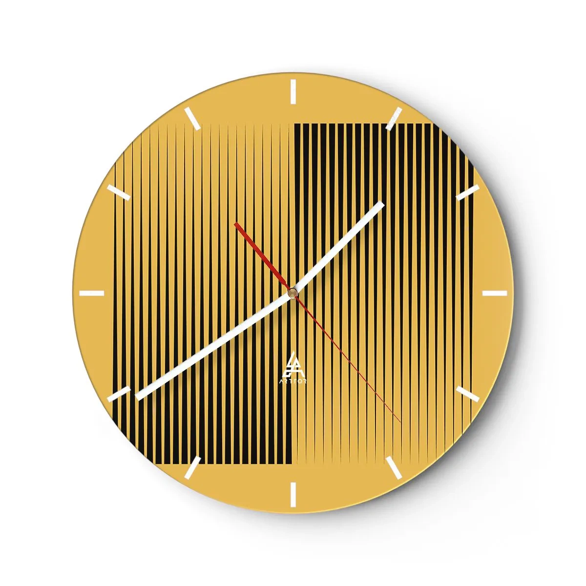 Reloj de pared - Reloj de vidrio - Fondo amarillo con líneas verticales negras que crean un efecto geométrico. - 30x30cm - Cuadrado de opuestos - Decoración de pared moderna para salón, cocina y dormitorio ARTTOR