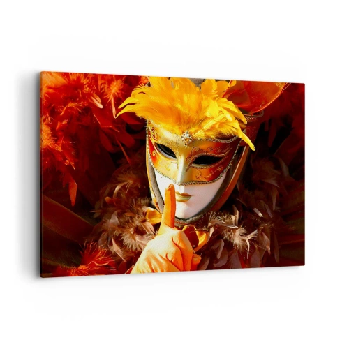 Cuadro sobre lienzo - Impresión de Imagen - Máscara de carnaval en tonos dorados y naranjas. - 100x70cm - El misterio es parte del juego - Decoración de pared moderna para salón y dormitorio ARTTOR