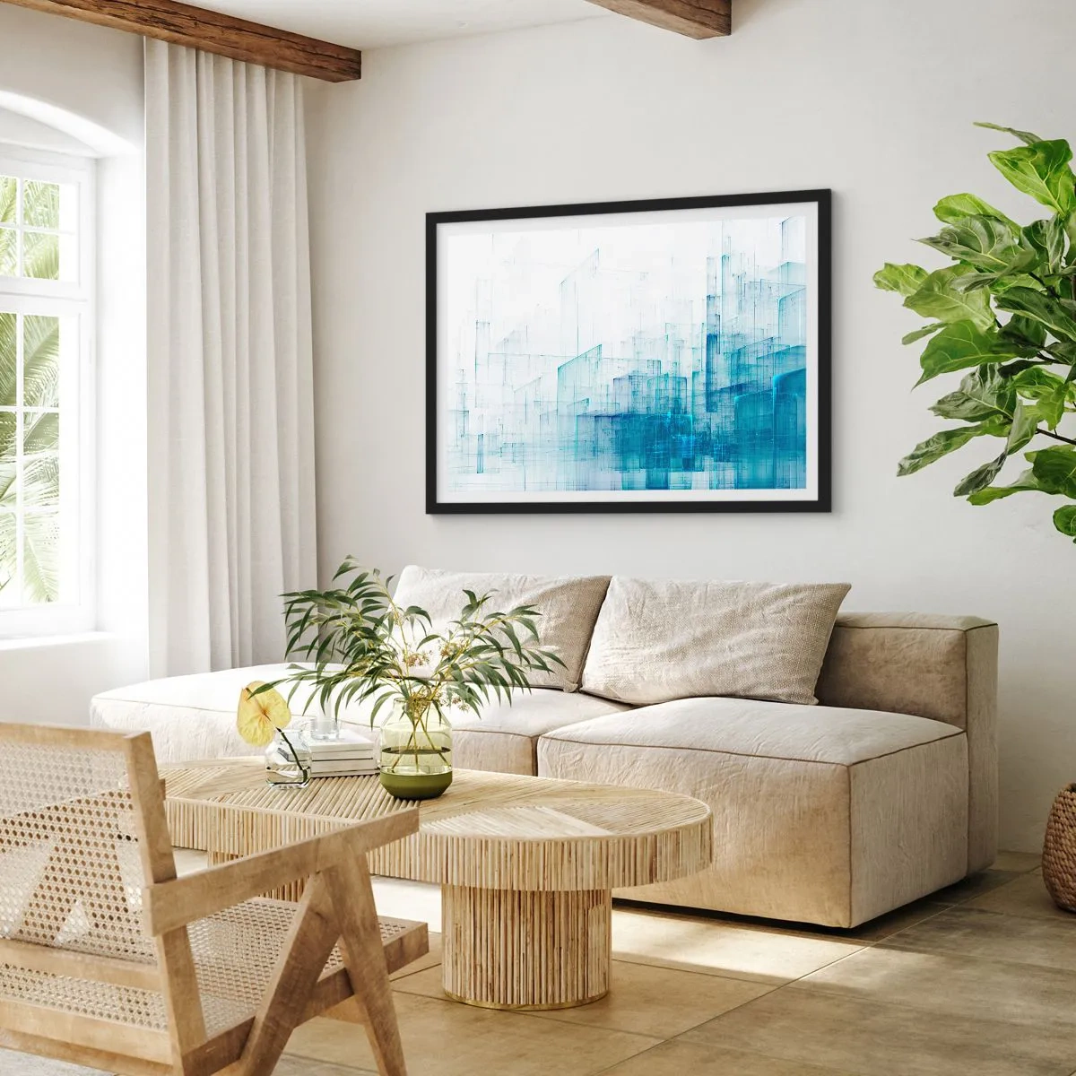 Póster en marco negro - Formas geométricas abstractas en tonos azules - 70x50cm - Cómo se hizo el espacio - Decoración de pared moderna para salón y dormitorio ARTTOR