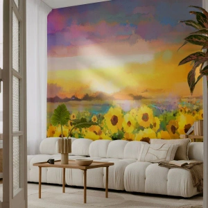 Fotomural Standard Eco - Un campo de girasoles bajo los rayos del sol poniente. - 100x70cm - El propio sol ha bajado a la Tierra - Decoración de pared moderna para salón y dormitorio ARTTOR