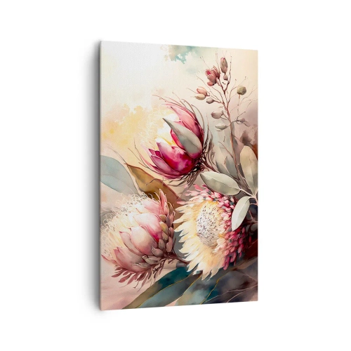 Cuadro sobre lienzo - Impresión de Imagen - Flores de protea en delicados tonos pastel. - 80x120cm - De perfil y de frente - Decoración de pared moderna para salón y dormitorio ARTTOR