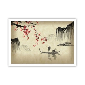 Póster - Ilustración oriental con un barco y una rama floreciente. - 100x70cm - En el país de los cerezos en flor - Decoración de pared moderna para salón y dormitorio ARTTOR