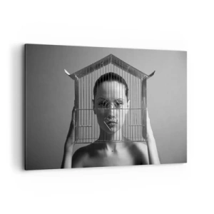 Cuadro sobre lienzo - Impresión de Imagen - Mujer detrás de una jaula en un estilo surrealista. - 120x80cm - Un retrato algo surrealista - Decoración de pared moderna para salón y dormitorio ARTTOR