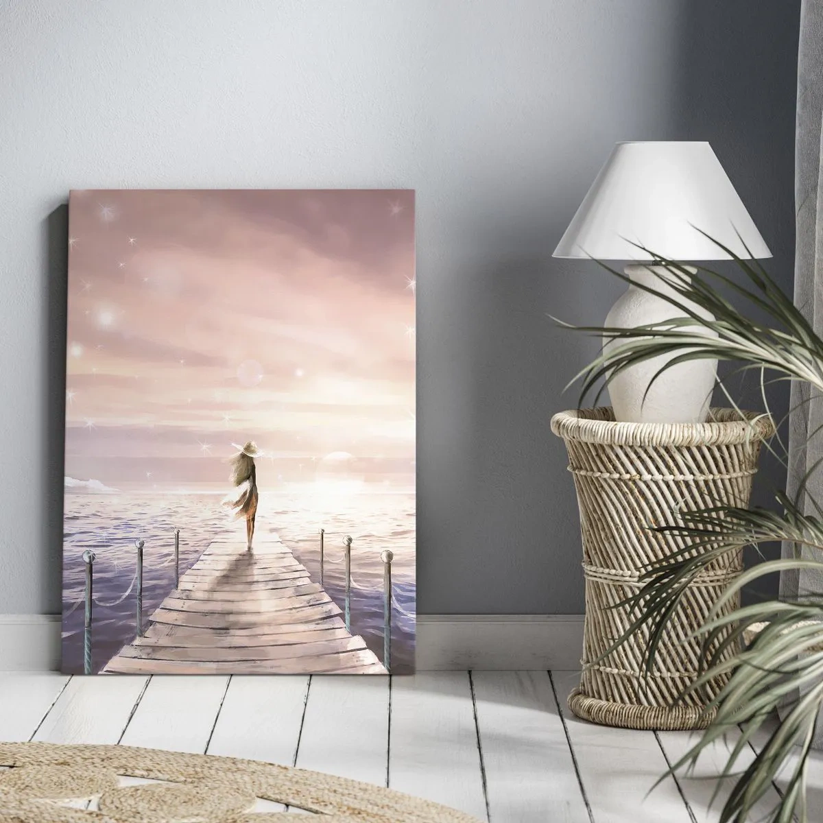Cuadro sobre lienzo - Impresión de Imagen - Una mujer en un embarcadero en un entorno mágico de puesta de sol. - 50x70cm - A la luz de un sueño - Decoración de pared moderna para salón y dormitorio ARTTOR