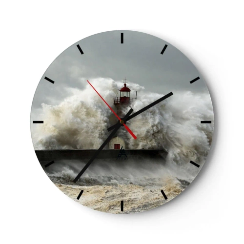 Reloj de pared - Reloj de vidrio - Un faro en medio de olas tormentosas - 30x30cm - La furia del océano - Decoración de pared moderna para salón, cocina y dormitorio ARTTOR