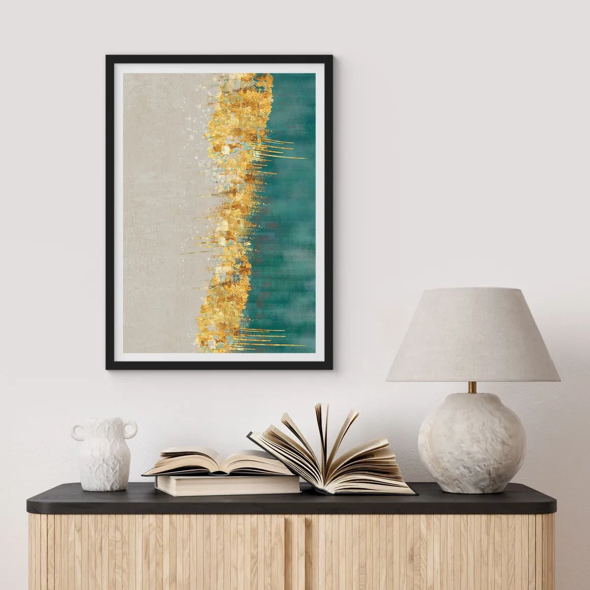 Póster en marco negro - Una composición abstracta de oro, beige y verde. - 50x70cm - La frontera dorada - Decoración de pared moderna para salón y dormitorio ARTTOR