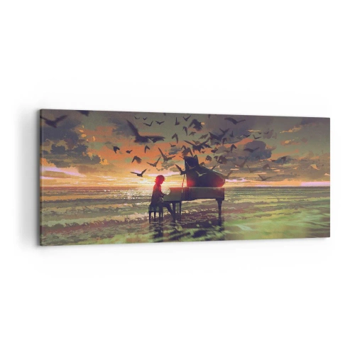 Cuadro sobre lienzo - Impresión de Imagen - Un piano en la orilla del mar al atardecer con pájaros. - 120x50cm - Concierto de piano y olas - Decoración de pared moderna para salón y dormitorio ARTTOR