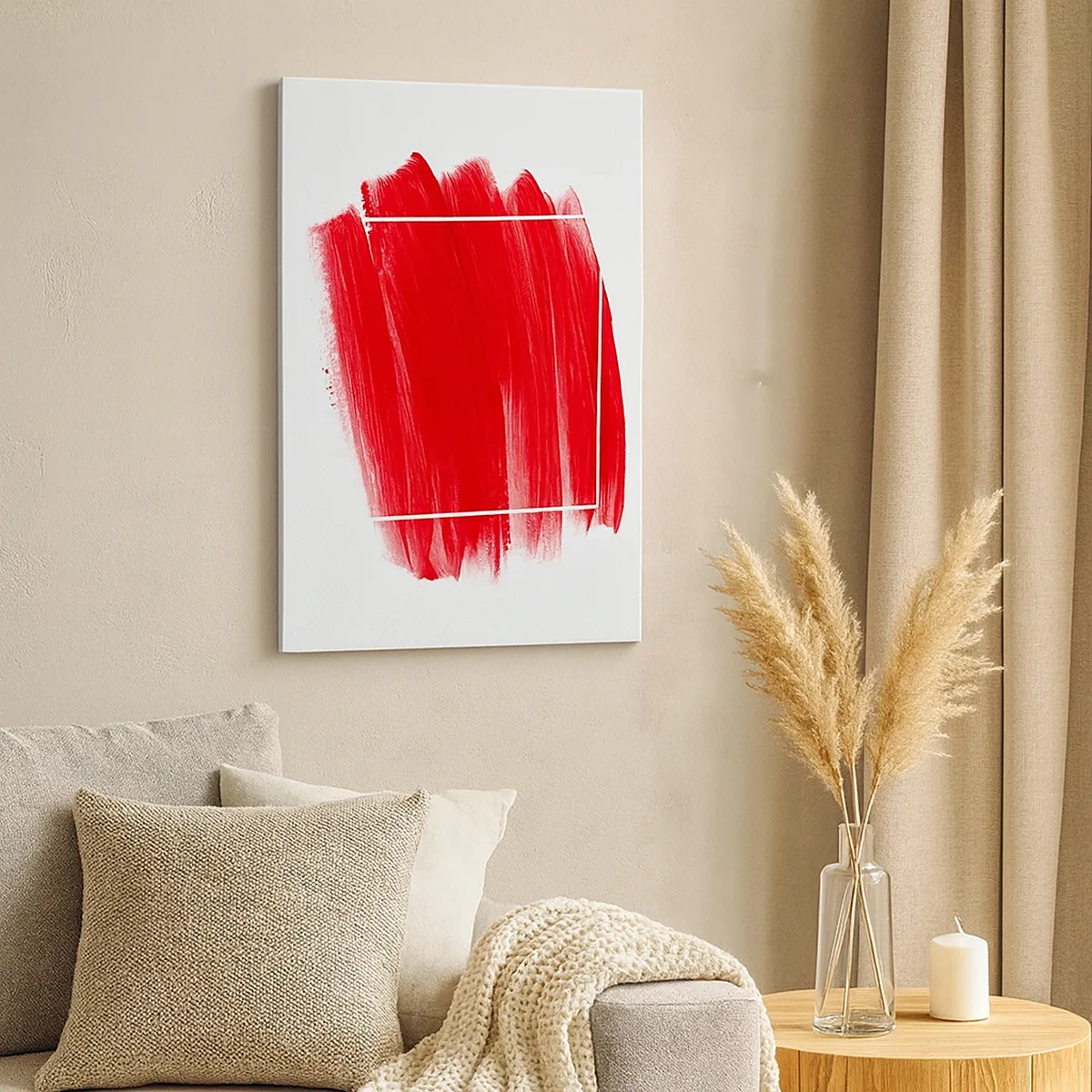 Cuadro sobre lienzo - Impresión de Imagen - Trazo de pincel rojo con borde blanco - 50x70cm - Fuera del marco - Decoración de pared moderna para salón y dormitorio ARTTOR
