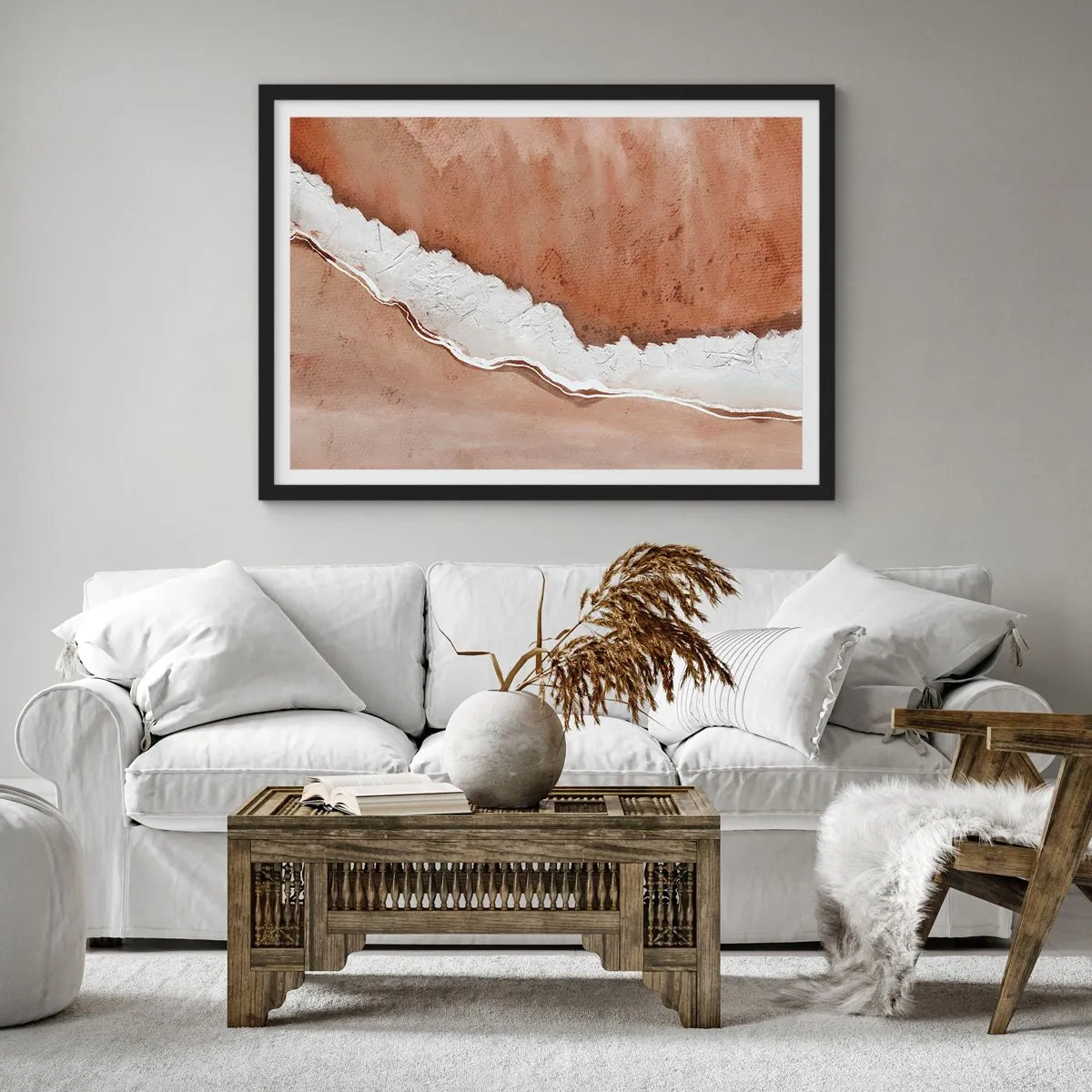 Póster en marco negro - Textura de arena con acentos blancos. - 100x70cm - En colores terrosos - Decoración de pared moderna para salón y dormitorio ARTTOR