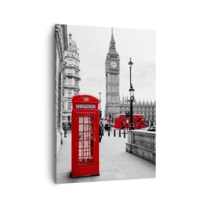 Cuadro sobre lienzo - Impresión de Imagen - Una cabina telefónica roja con el Big Ben al fondo en Londres - 50x70cm - Sin duda, Londres - Decoración de pared moderna para salón y dormitorio ARTTOR