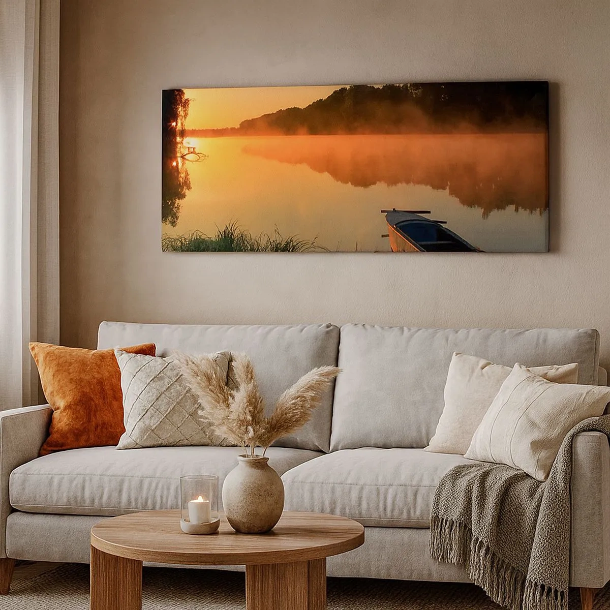 Cuadro sobre lienzo - Impresión de Imagen - Amanecer sobre el agua como la superficie de un espejo - 100x40 cm