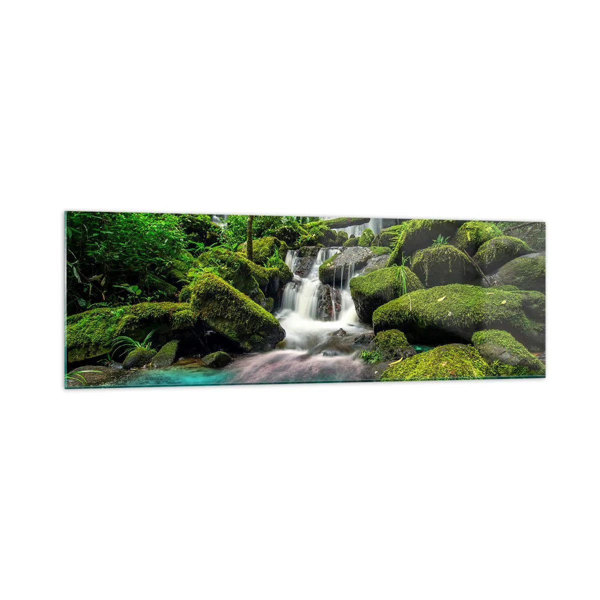 Cuadro sobre vidrio - Impresiones sobre Vidrio - Una cascada tropical rodeada de vegetación y agua turquesa. - 160x50cm - Turquesa, zafiro y plata líquida - Decoración de pared moderna para salón y dormitorio ARTTOR