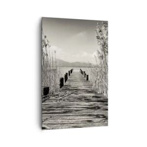 Cuadro sobre lienzo - Impresión de Imagen - Un embarcadero de madera entre hierbas altas sobre un lago de tonos sepia. - 80x120cm - En la quietud de los juncos - Decoración de pared moderna para salón y dormitorio ARTTOR