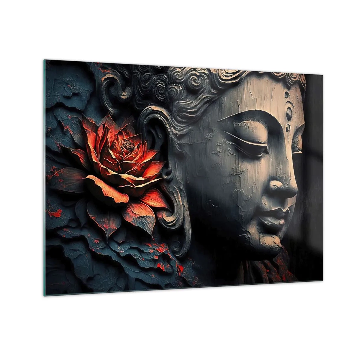 Cuadro sobre vidrio - Impresiones sobre Vidrio - Perfil de una figura meditando con una flor roja sobre un fondo oscuro. - 70x50cm - En sintonía con el mundo - Decoración de pared moderna para salón y dormitorio ARTTOR
