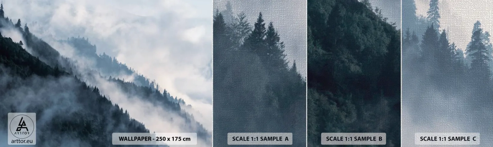 Muestra de fotomural Premium Canvas - Misticismo de las montañas - Paisaje, Montañas, Bosque - 100x30 cm