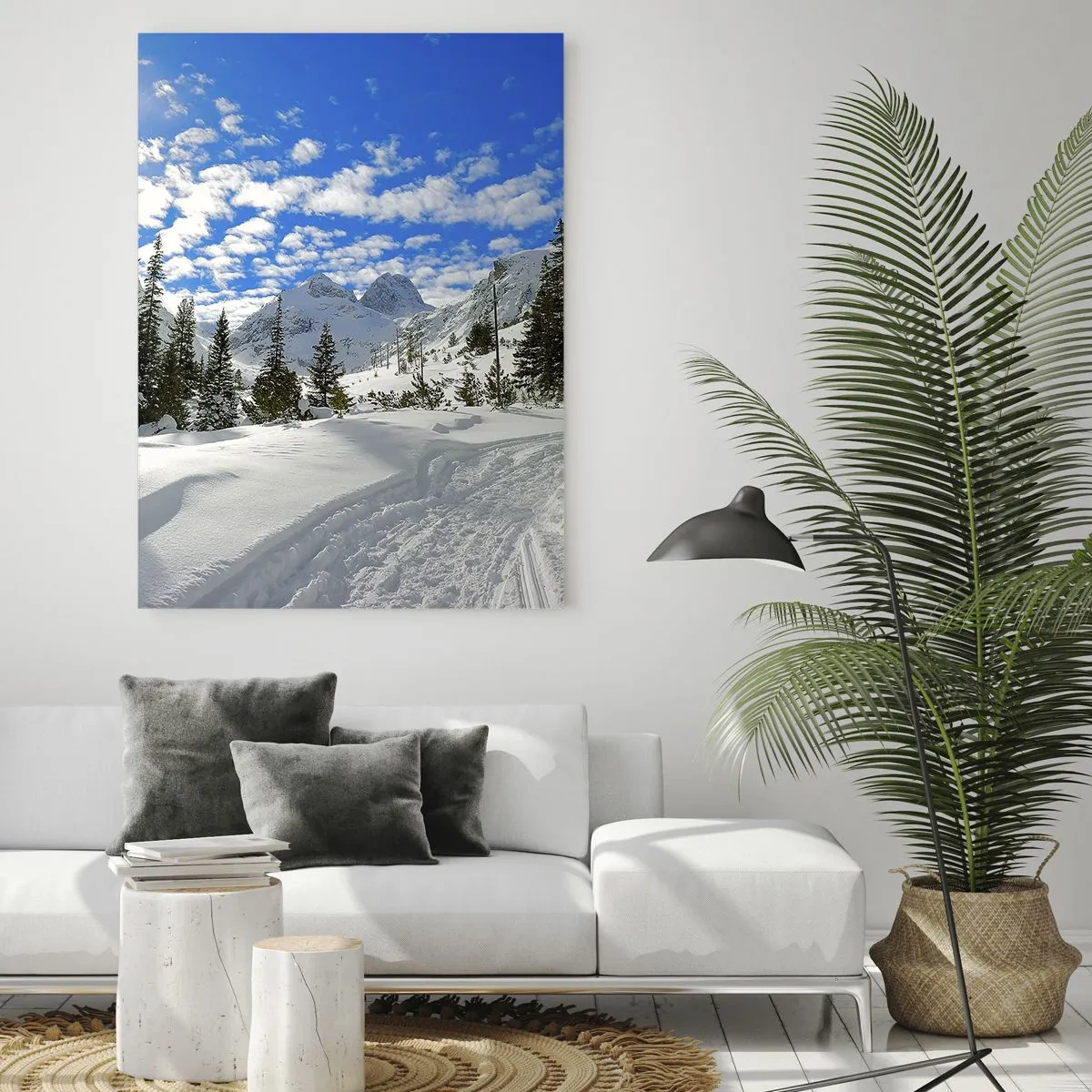 Cuadro sobre vidrio - Impresiones sobre Vidrio - Paisaje invernal de montaña con un bosque y un camino en la nieve. - 70x100cm - Nieve y sol - Decoración de pared moderna para salón y dormitorio ARTTOR