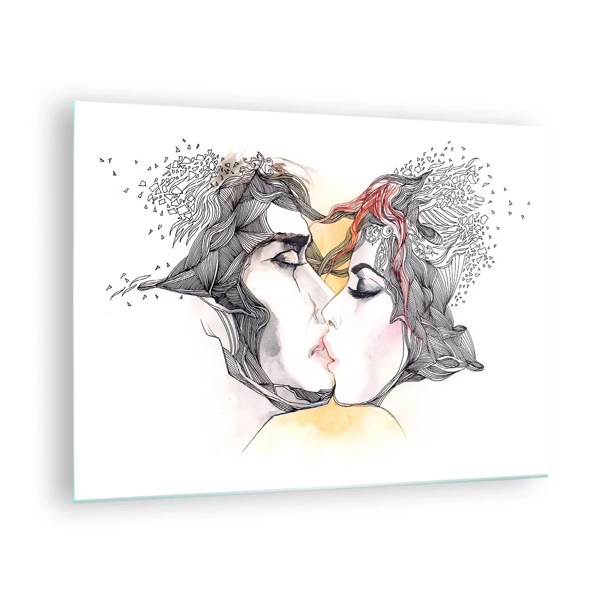 Cuadro sobre vidrio - Impresiones sobre Vidrio - Pareja abstracta besándose con patrones artísticos - 70x50cm - El mundo no importa - Decoración de pared moderna para salón y dormitorio ARTTOR