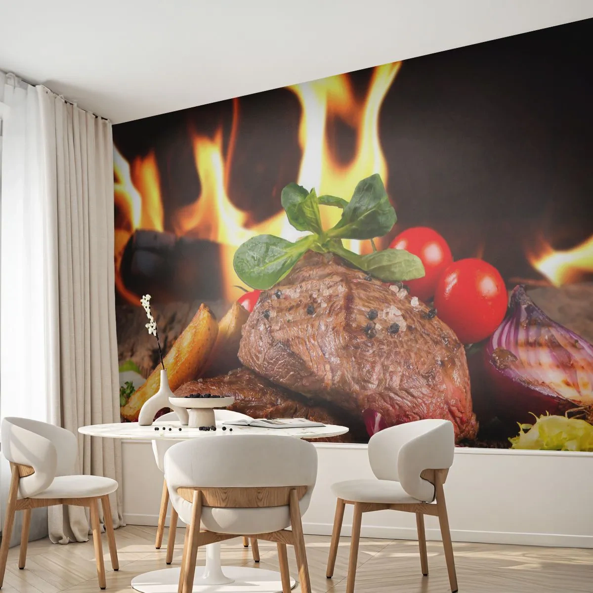 Fotomural Standard Eco - Embrujo de fuego - Gastronomía, bife, Llamas de fuego - 200x140 cm