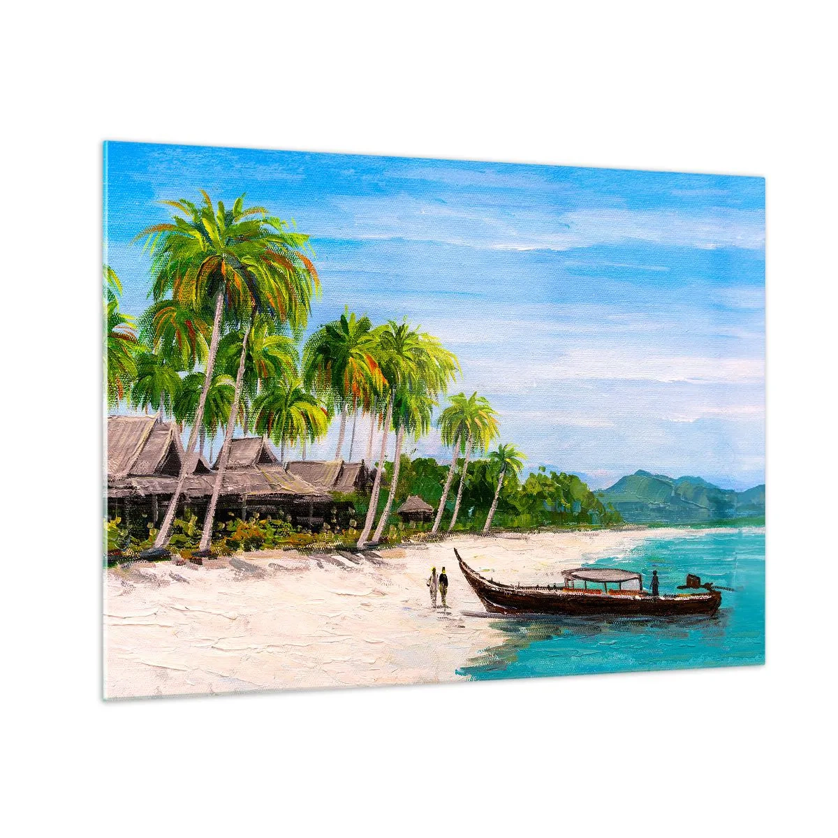 Cuadro sobre vidrio - Impresiones sobre Vidrio - Playa tropical con barco y palmeras junto a chozas tradicionales. - 70x50cm - Un sueño exótico - Decoración de pared moderna para salón y dormitorio ARTTOR