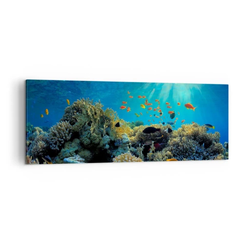 Cuadro sobre lienzo - Impresión de Imagen - Arrecife de coral con peces bajo los rayos del sol bajo el agua. - 140x50cm - Tesoros submarinos - Decoración de pared moderna para salón y dormitorio ARTTOR