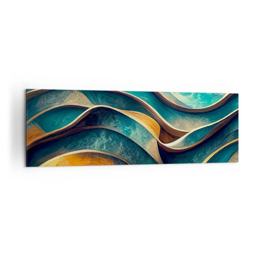 Cuadro sobre lienzo - Impresión de Imagen - Ondas abstractas en tonos turquesa y dorado - 160x50cm - Meandros de azul - Decoración de pared moderna para salón y dormitorio ARTTOR