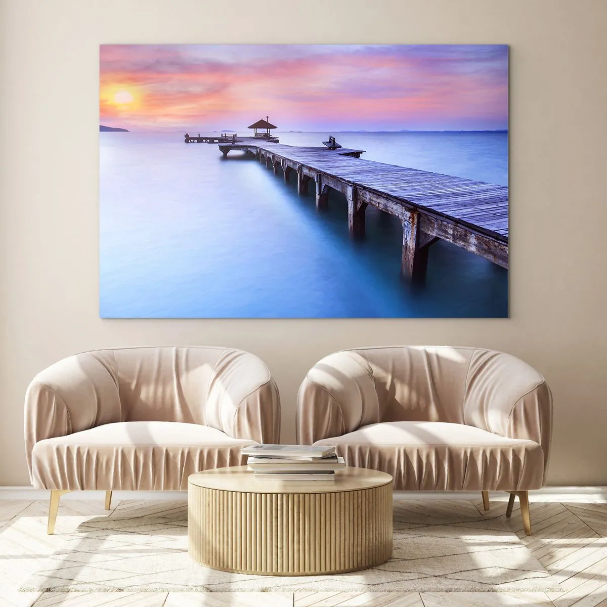 Cuadro sobre vidrio - Impresiones sobre Vidrio - Muelle de madera al amanecer en aguas tranquilas - 70x50cm - Un mar de calma hasta el horizonte - Decoración de pared moderna para salón y dormitorio ARTTOR