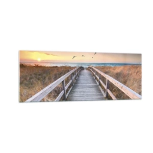 Cuadro sobre vidrio - Impresiones sobre Vidrio - Muelle de madera que conduce a la playa al atardecer - 140x50cm - Camino a lo desconocido - Decoración de pared moderna para salón y dormitorio ARTTOR