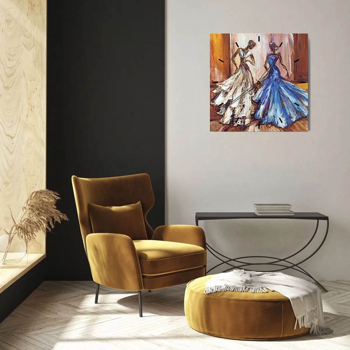 Reloj de pared - Reloj de vidrio - Personajes en vestidos de noche de estilo artístico. - 30x30cm - Un elegante dúo - Decoración de pared moderna para salón y dormitorio ARTTOR