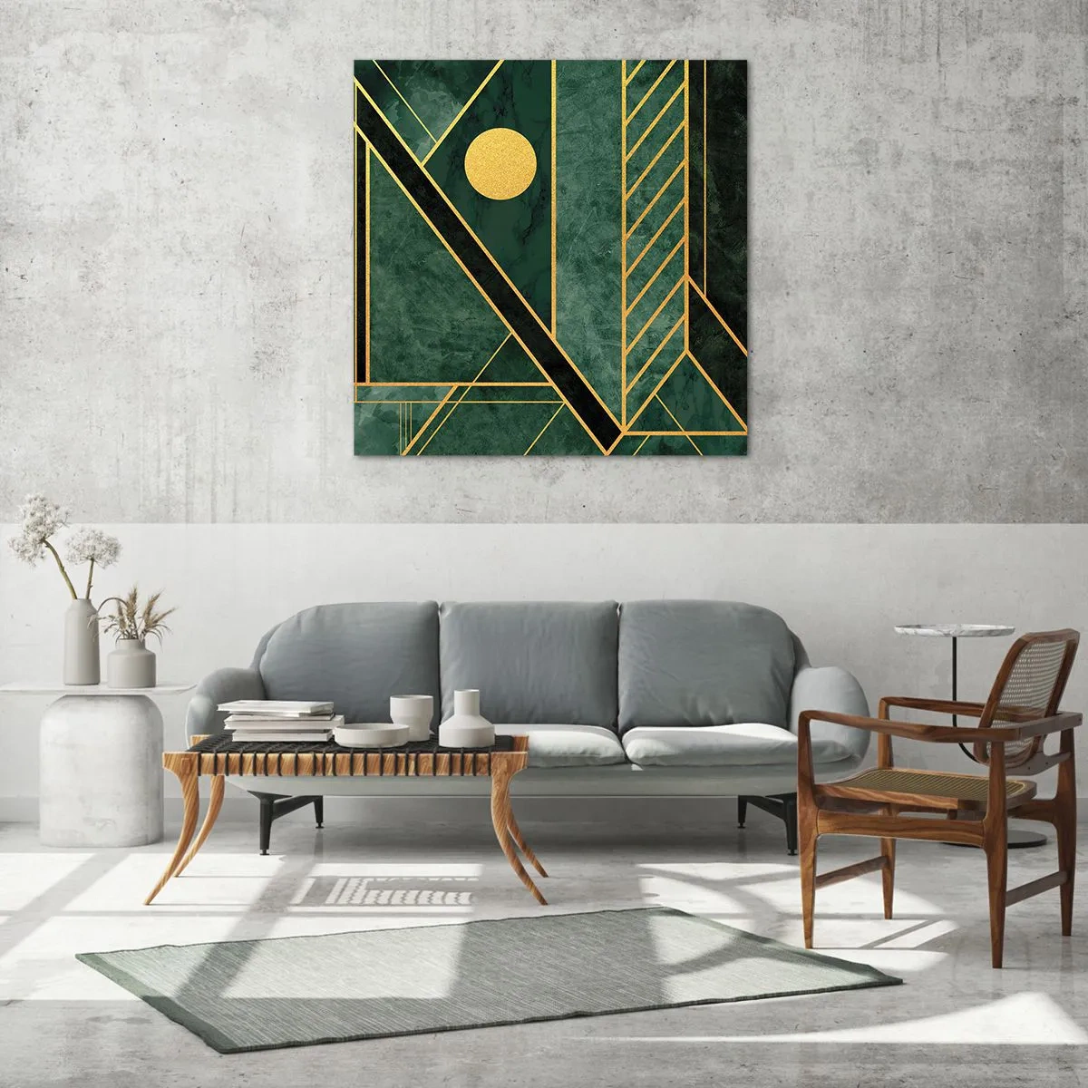 Cuadro sobre vidrio - Impresiones sobre Vidrio - La dinámica del oro y el azul - 70x70 cm