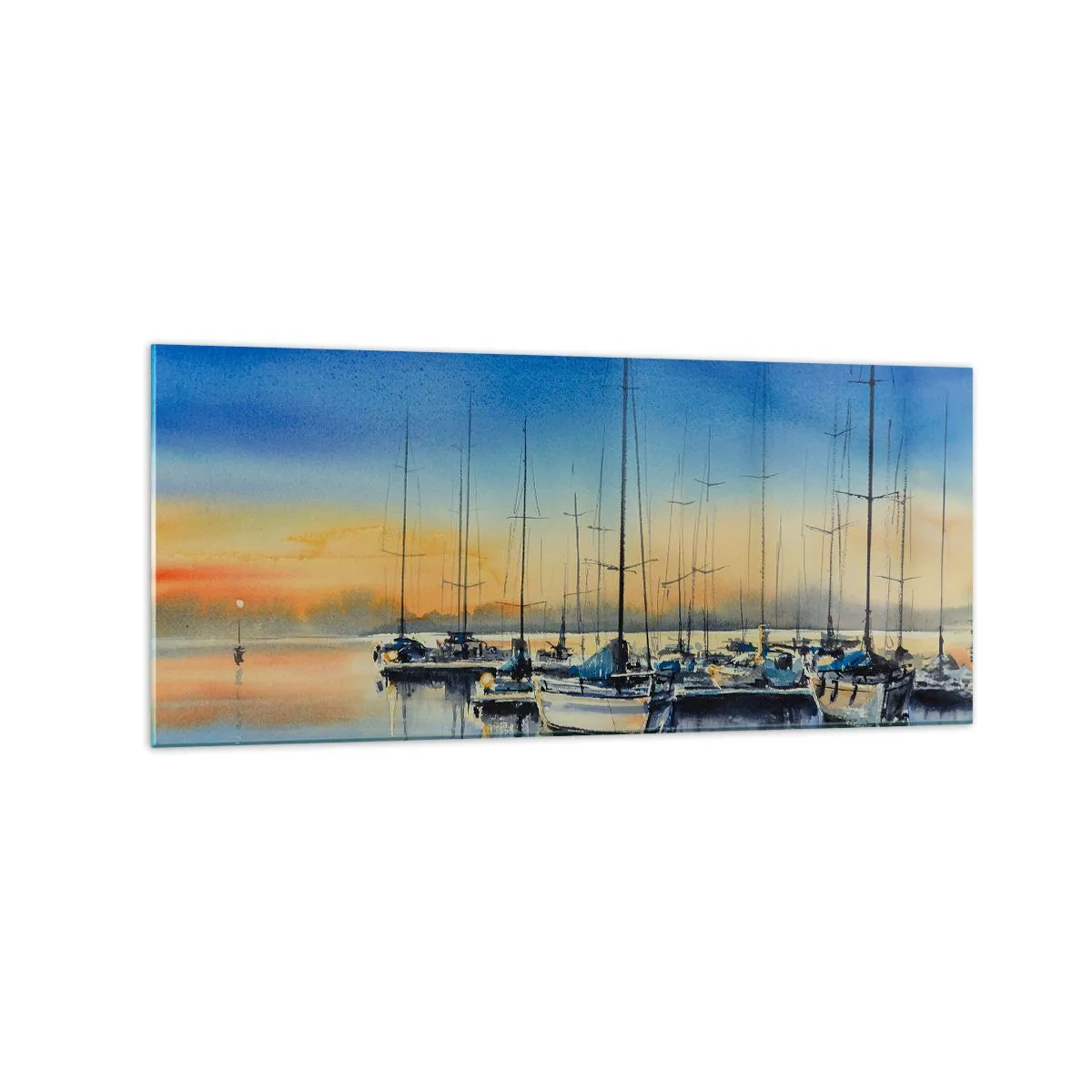 Cuadro sobre vidrio - Impresiones sobre Vidrio - Puerto de yates al atardecer con reflejos en el agua - 120x50cm - El final de un buen día - Decoración de pared moderna para salón y dormitorio ARTTOR