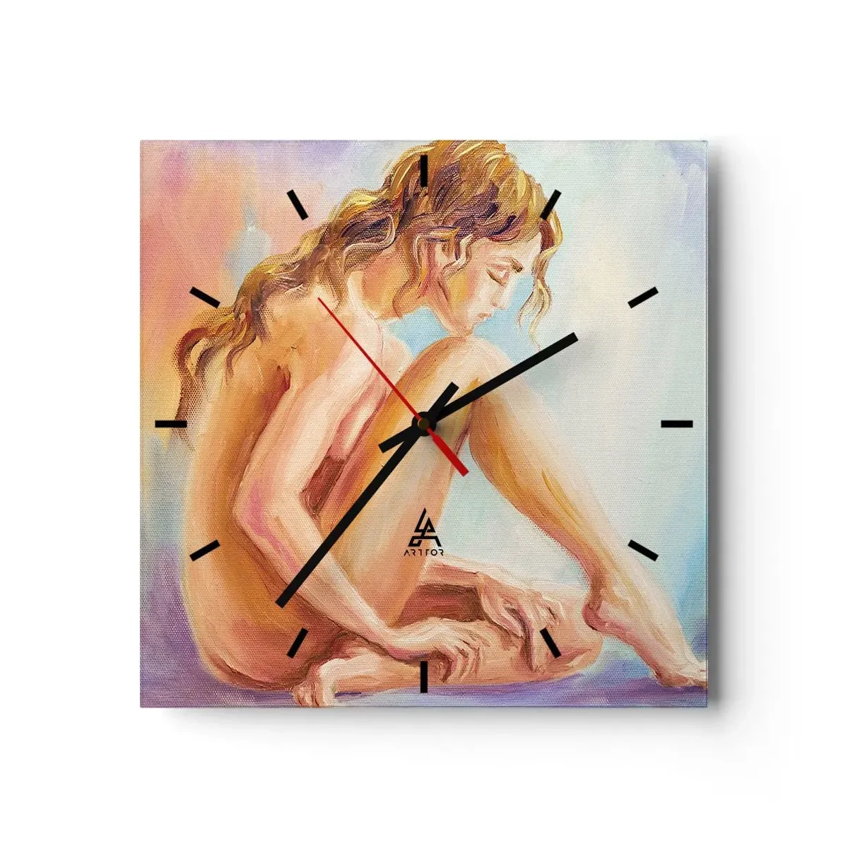 Reloj de pared - Reloj de vidrio - Una delicada figura de una mujer sobre un fondo pastel. - 30x30cm - Acto de juventud - Decoración de pared moderna para salón y dormitorio ARTTOR