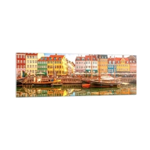 Cuadro sobre vidrio - Impresiones sobre Vidrio - Casas coloridas en los canales de Copenhague - 160x50cm - Sobre el agua tan suave como un espejo - Decoración de pared moderna para salón y dormitorio ARTTOR