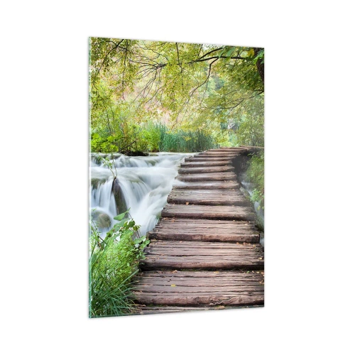 Cuadro sobre vidrio - Impresiones sobre Vidrio - Un puente en el bosque sobre un arroyo. - 50x70cm - No es agua silenciosa en absoluto - Decoración de pared moderna para salón y dormitorio ARTTOR