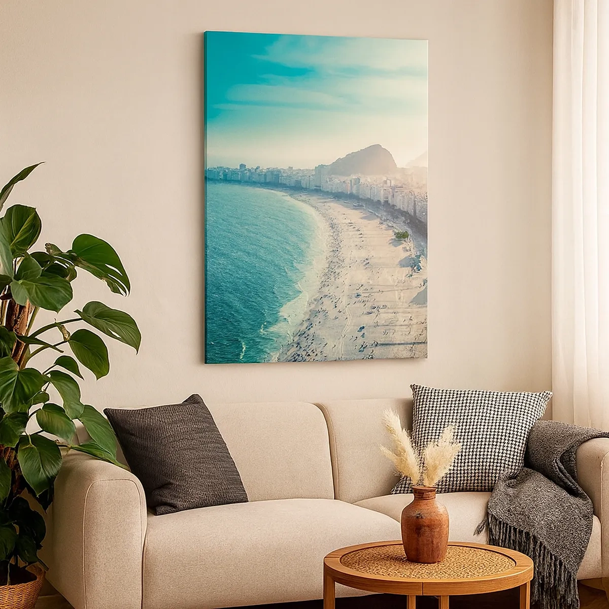 Cuadro sobre lienzo - Impresión de Imagen - Panorama de la playa de Copacabana con montañas al fondo en Río de Janeiro - 50x70cm - Vacaciones perpetuas en Río - Decoración de pared moderna para salón y dormitorio ARTTOR