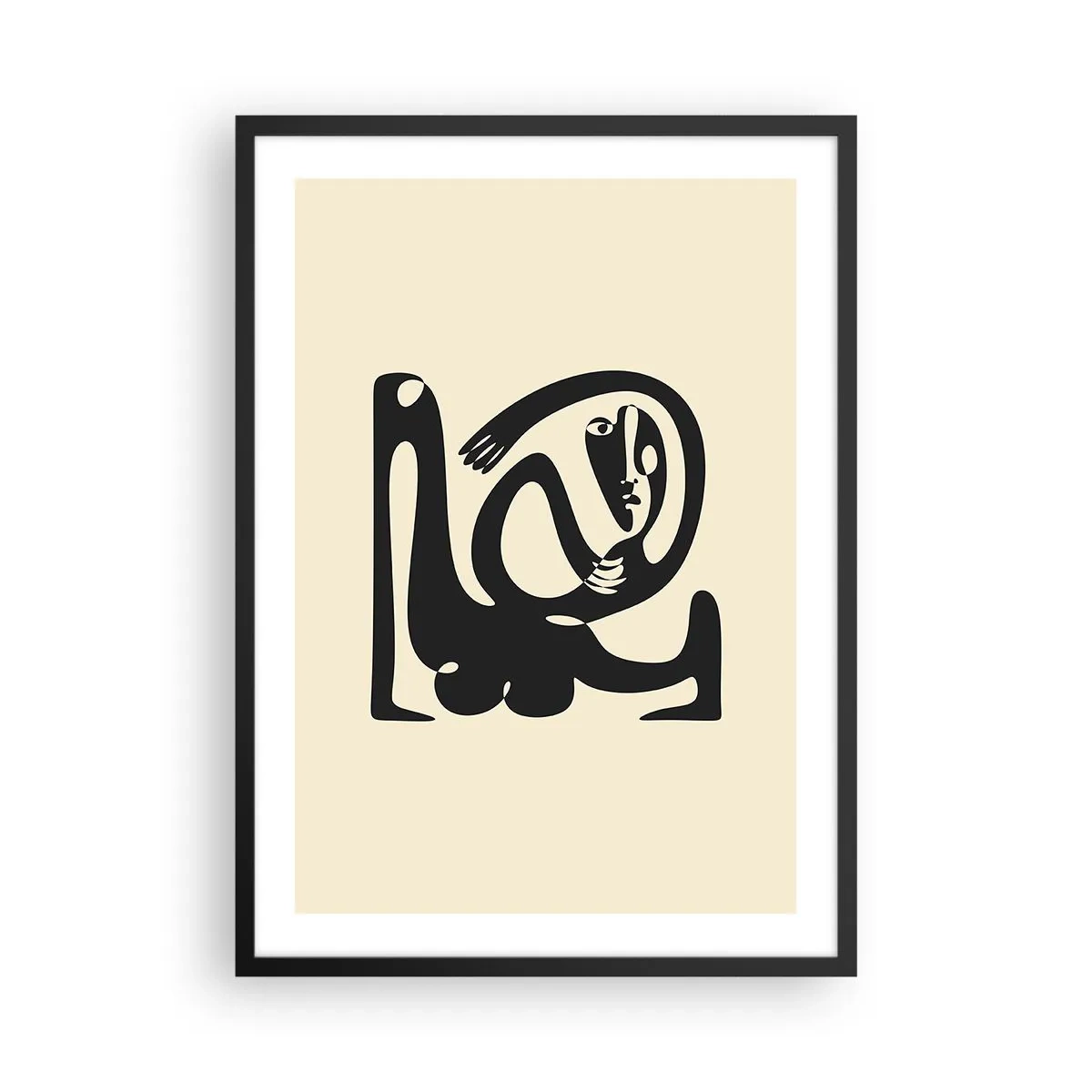 Póster en marco negro - Figura abstracta sobre fondo beige con líneas negras. - 50x70cm - Casi Picasso - Decoración de pared moderna para salón y dormitorio ARTTOR