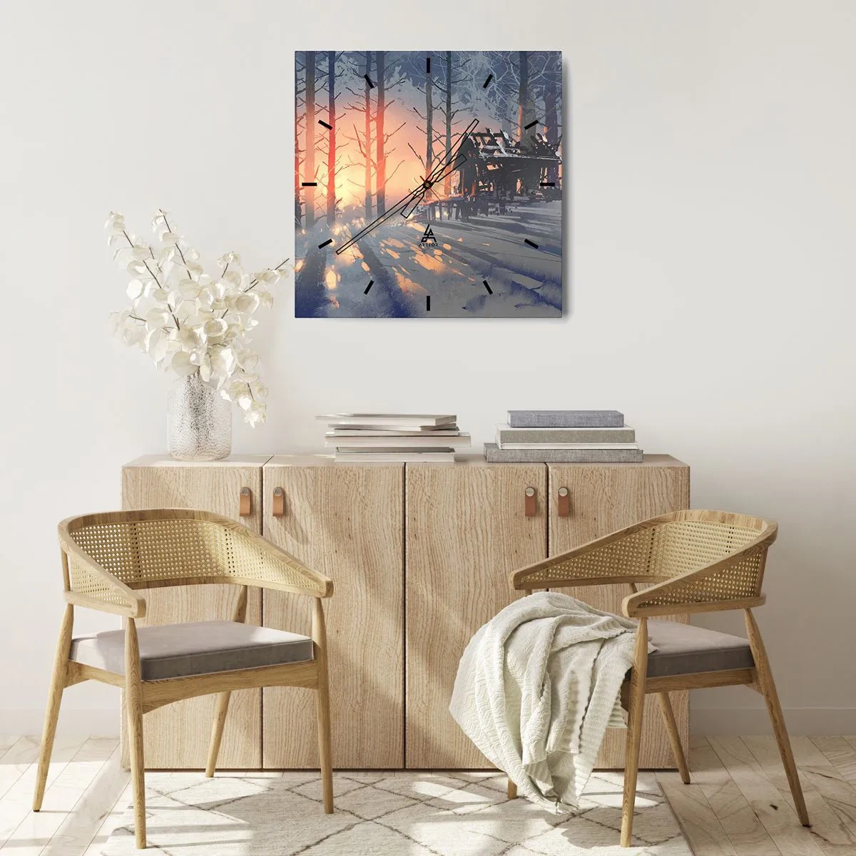 Reloj de pared - Reloj de vidrio - Una cabaña forestal en un paisaje invernal con los rayos del sol poniente. - 30x30cm - Solo el sol es testigo - Decoración de pared moderna para salón y dormitorio ARTTOR