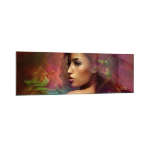 Cuadro sobre vidrio - Impresiones sobre Vidrio - Una mujer con reflejos coloridos creando un fondo abstracto. - 160x50cm - Más hermosa que un arco iris, tan delicada como la niebla - Decoración de pared moderna para salón y dormitorio ARTTOR