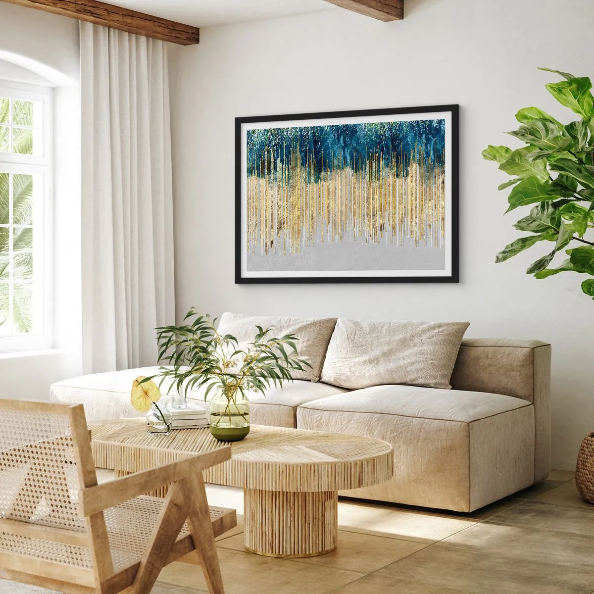 Póster en marco negro - Frontera de líneas doradas - 91x61 cm