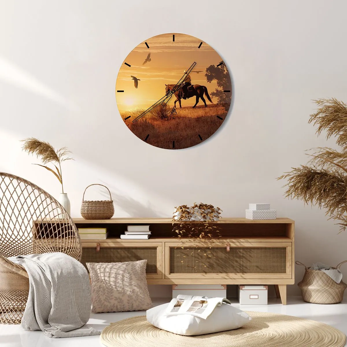 Reloj de pared - Reloj de vidrio - Vaquero a caballo al atardecer - 30x30cm - Solo a través de la pradera - Decoración de pared moderna para salón, cocina y dormitorio ARTTOR