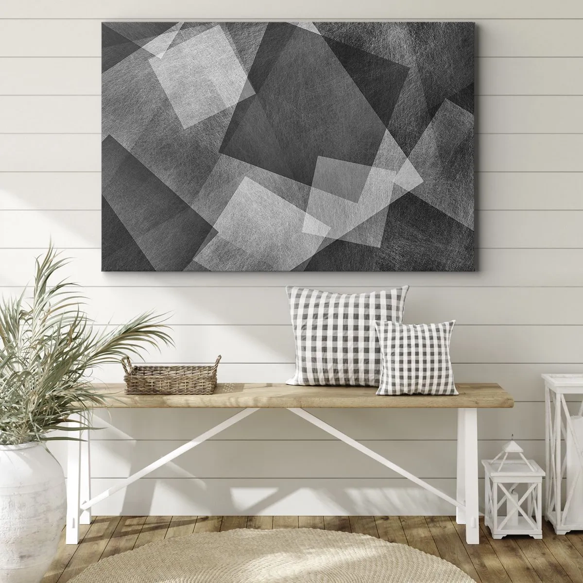 Cuadro sobre lienzo - Impresión de Imagen - Abstracción en blanco y negro con formas geométricas. - 70x50cm - Un símbolo eterno de permanencia y orden - Decoración de pared moderna para salón y dormitorio ARTTOR