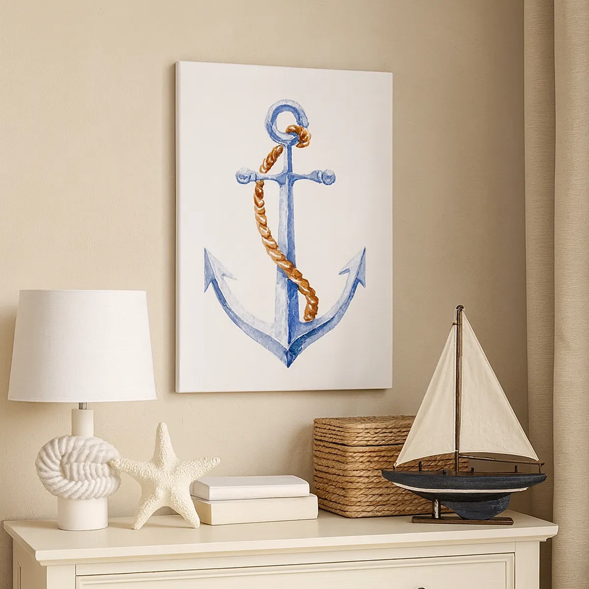 Cuadro sobre lienzo - Impresión de Imagen - Ancla con cuerda en estilo acuarela - 50x70cm - ¡Ah, aventura! - Decoración de pared moderna para salón y dormitorio ARTTOR